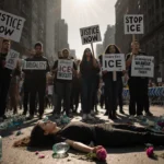 Protesters hold Justice Now signs with young woman lying on ground and city skyline behind