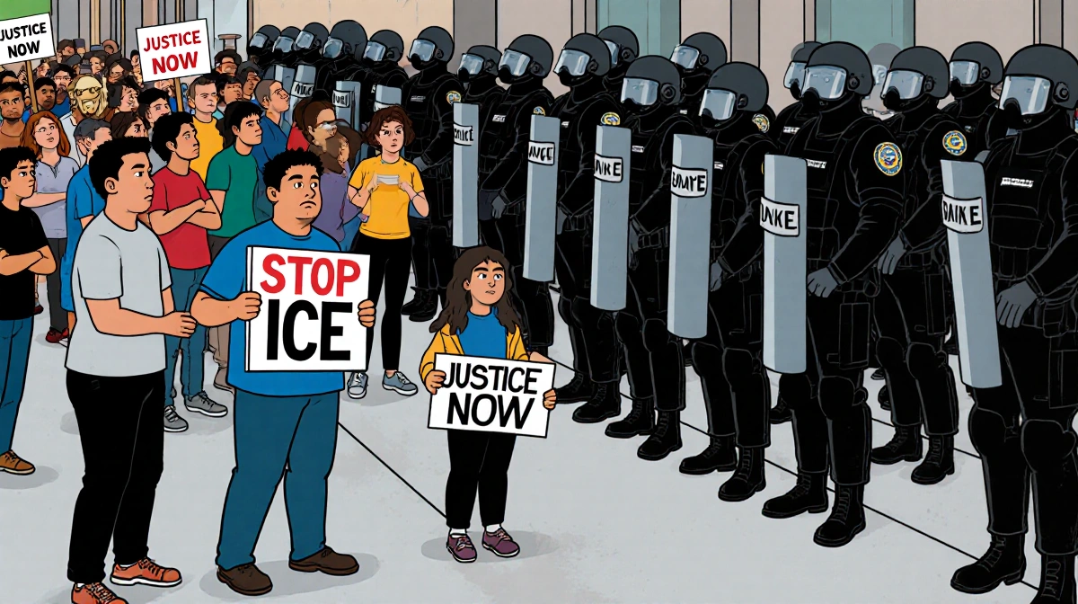 Protesters hold Stop ICE signs facing federal agents in riot gear with tense crowd behind