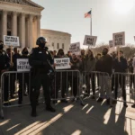 Protesters holding justice signs face federal agents with riot gear and pepper spray near courthouse