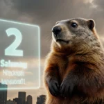 Weathered groundhog stands beside holographic Groundhog Day prediction with PETA billboard and city skyline behind