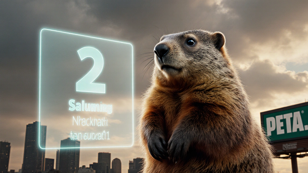 Weathered groundhog stands beside holographic Groundhog Day prediction with PETA billboard and city skyline behind