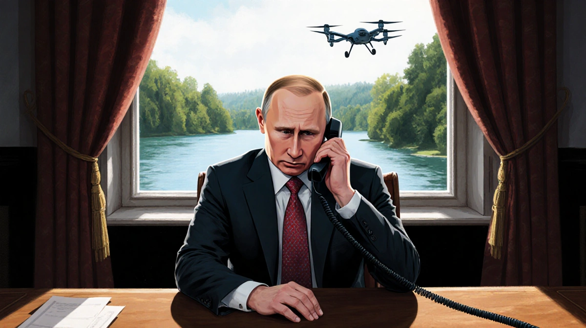 Putin talking on phone with skeptical expression in formal office window showing Lake Valdai and drone hovering outside.