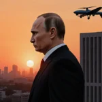 Putin standing with a hovering drone near a modern Ukrainian office building at sunset