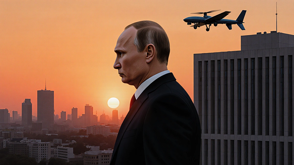 Putin standing with a hovering drone near a modern Ukrainian office building at sunset