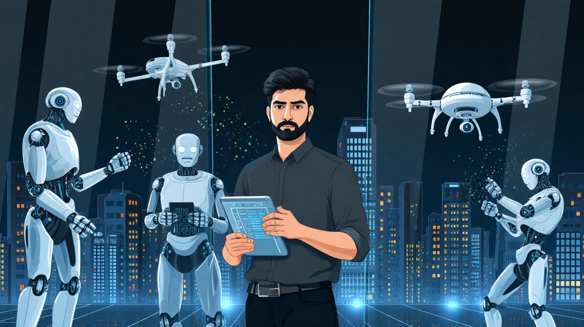 Qasim Mithani stands determined with tablet showing cybersecurity data while robots hack systems behind him