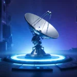 Sleek silver microwave antenna glows with soft pulsing superradiance light and a blue‑purple gradient in a futuristic lab