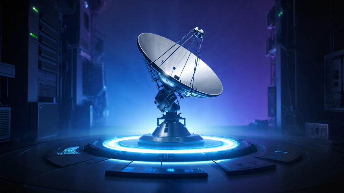 Sleek silver microwave antenna glows with soft pulsing superradiance light and a blue‑purple gradient in a futuristic lab