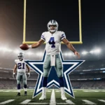 Quarterback stands with football outstretched near goalpost with Cowboys logo visible and teammate watching
