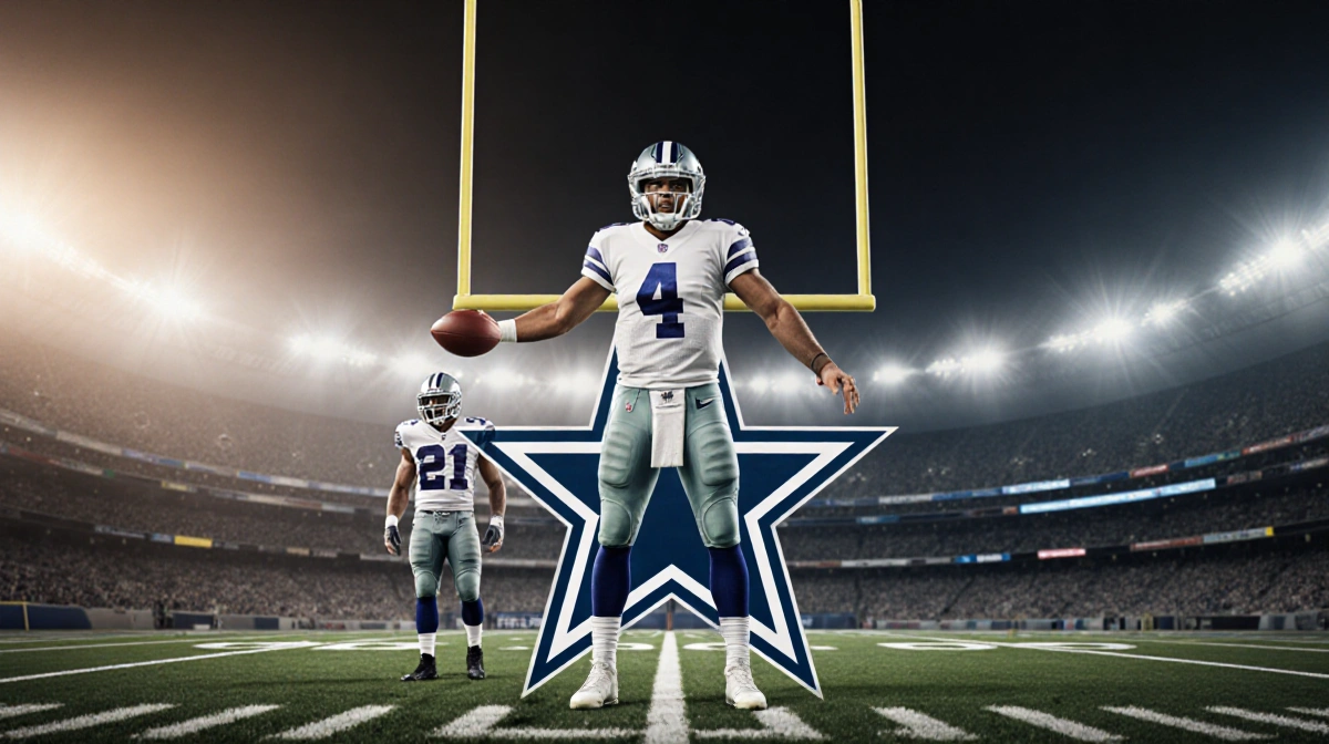 Quarterback stands with football outstretched near goalpost with Cowboys logo visible and teammate watching