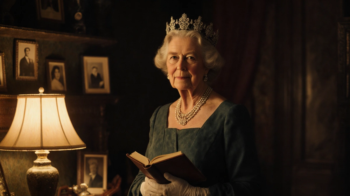Queen Camilla standing confidently with a leather-bound journal in hand and warm golden light from a vintage lamp