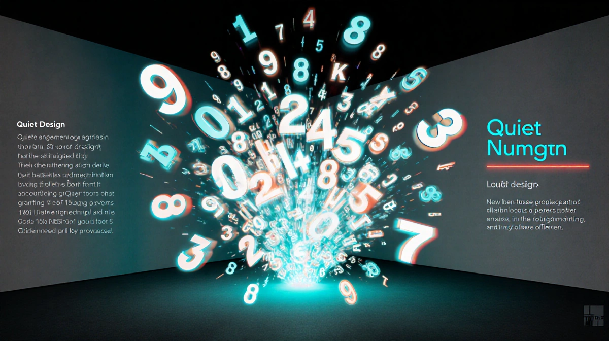 Numbers exploding in dark room with neon glow and quiet design textures showing infographic contrast