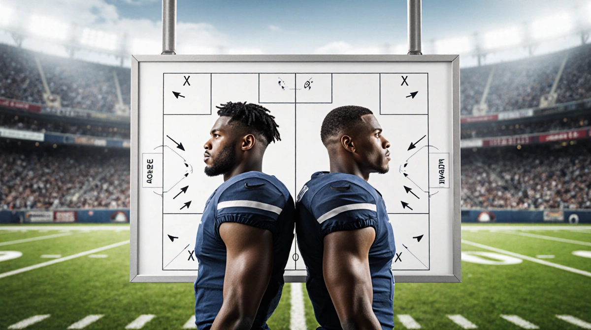 Quinyon Mitchell and Cooper DeJean stand back-to-back with whiteboard showing football defensive plays and field behind them