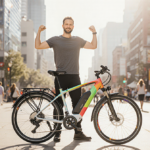 Mike Hall stands triumphantly beside a sleek e-bike with vibrant colors and a blurred city backdrop