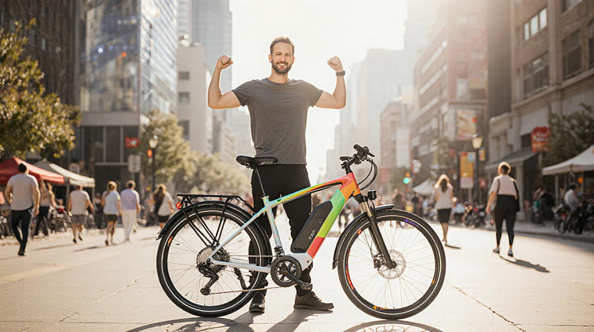 Mike Hall stands triumphantly beside a sleek e-bike with vibrant colors and a blurred city backdrop
