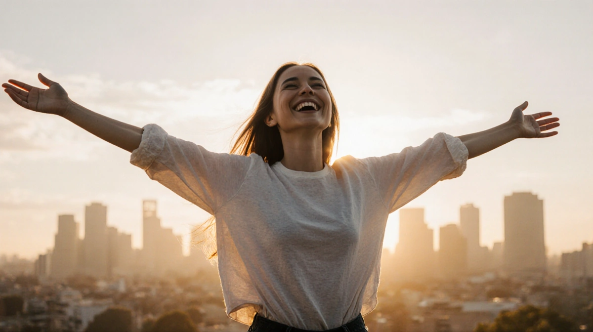 Radiant woman smiling while standing with arms outstretched and embracing sunrise light over cityscape and green skyline