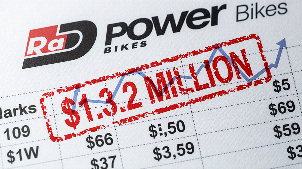 Financial document showing $13.2 million sale with Rad Power Bikes logo at top and red sold for stamp