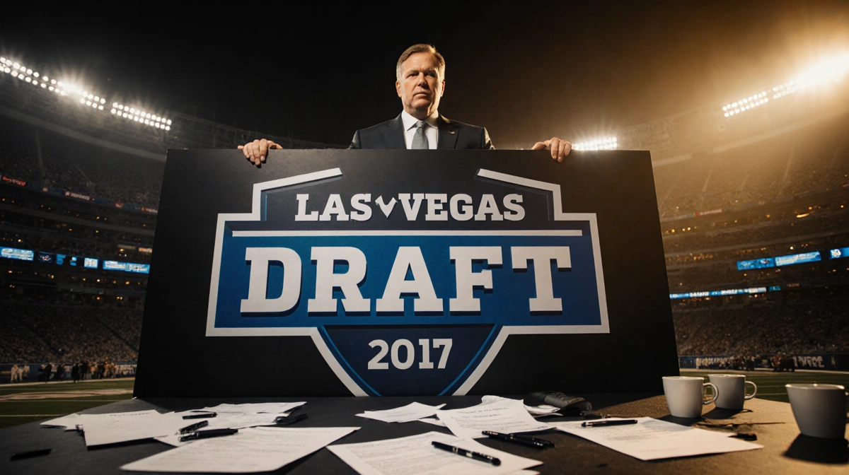 Raiders general manager standing behind draft board showing No.1 pick with scattered papers and coffee cups