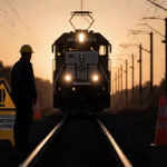 Maintenance worker stands on railroad tracks with dim train headlights approaching and safety cones warning of danger ahead