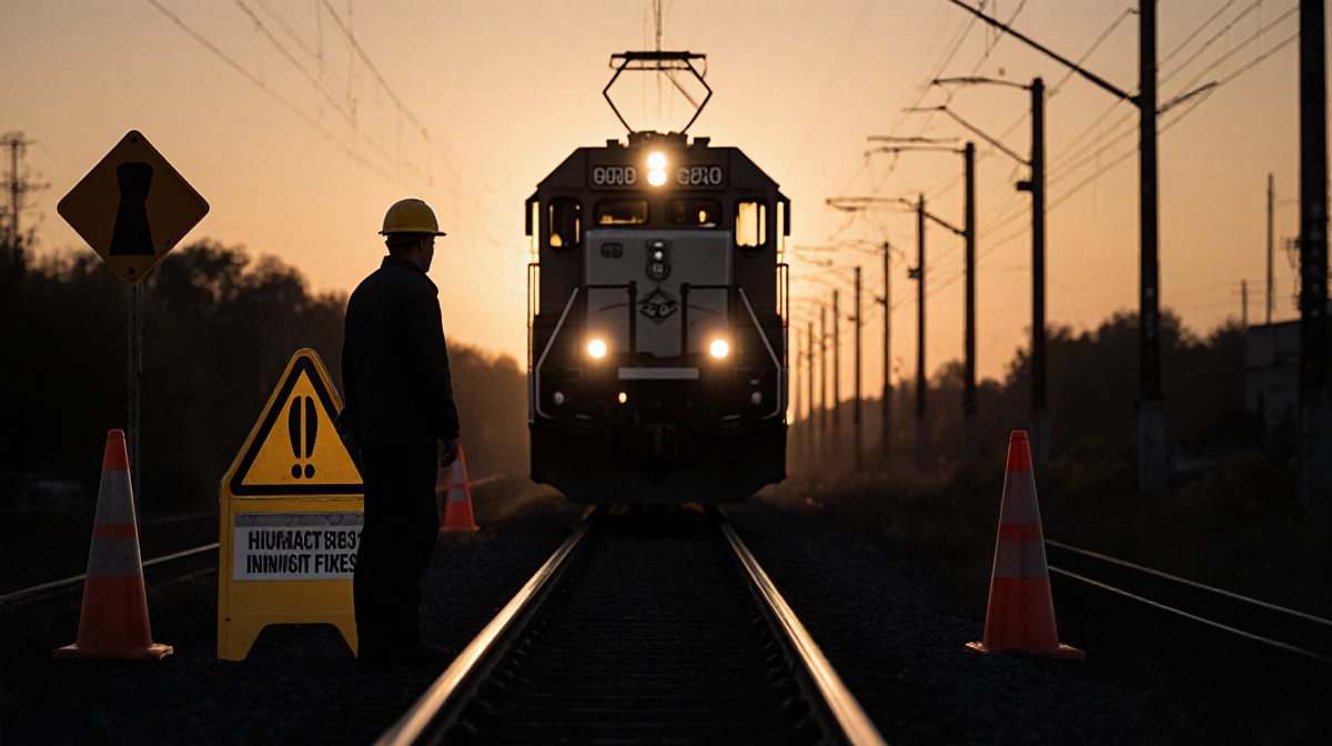 Maintenance worker stands on railroad tracks with dim train headlights approaching and safety cones warning of danger ahead