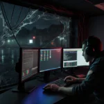 Rainbow Six operator typing rapidly at console in control room with flickering monitors and stormy night outside.