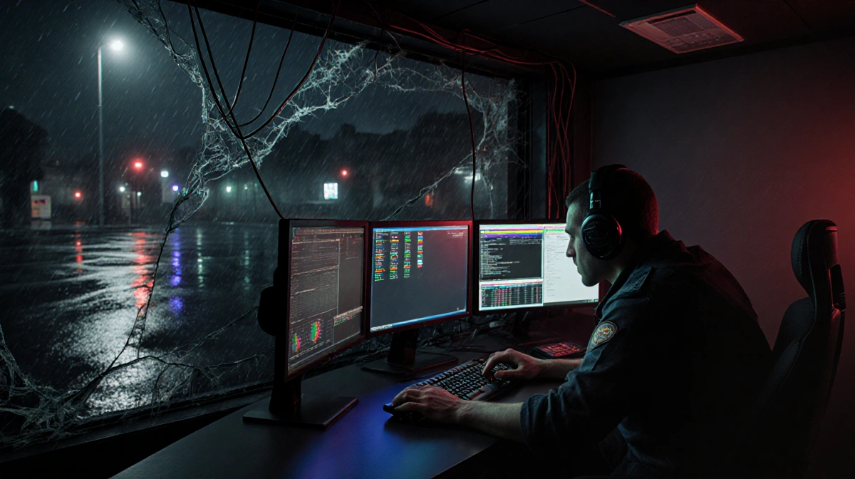Rainbow Six operator typing rapidly at console in control room with flickering monitors and stormy night outside.