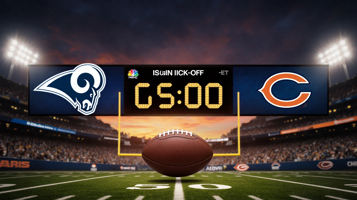 Football soaring through sunset sky with Rams and Bears logos on sidelines and digital countdown showing 6:30 kickoff