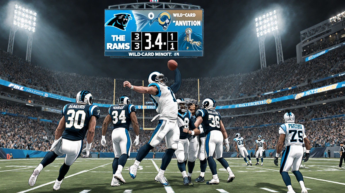 Rams quarterback celebrating a comeback victory with teammates with scoreboard showing 34-31 and packed stadium