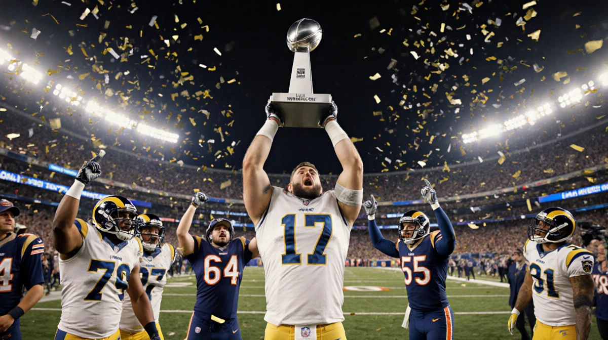 Harrison Mevis holds the Vince Lombardi Trophy with Rams fans celebrating and confetti falling