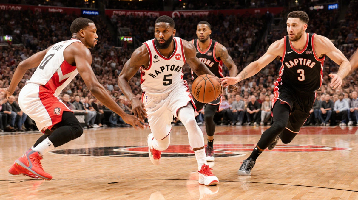 Raptors guard pushing fast-break pass to Scottie Barnes amid warm arena light, with Philly jerseys trying to catch up and blu