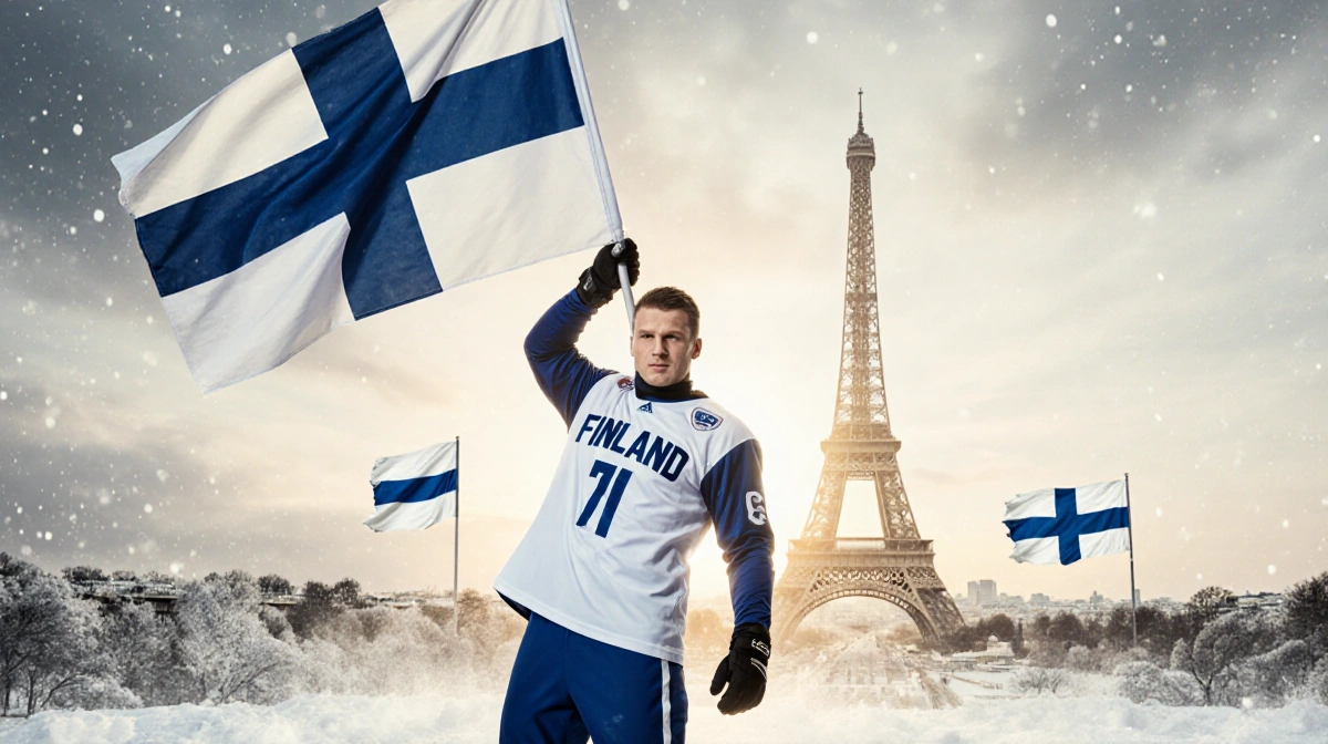 Rasmus Ristolainen stands holding the Finnish flag aloft with Olympic jersey against a winter landscape featuring Eiffel Towe