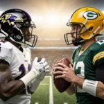 Two football players face off with Ravens and Packers logos while stadium lights glow and crowds cheer behind them