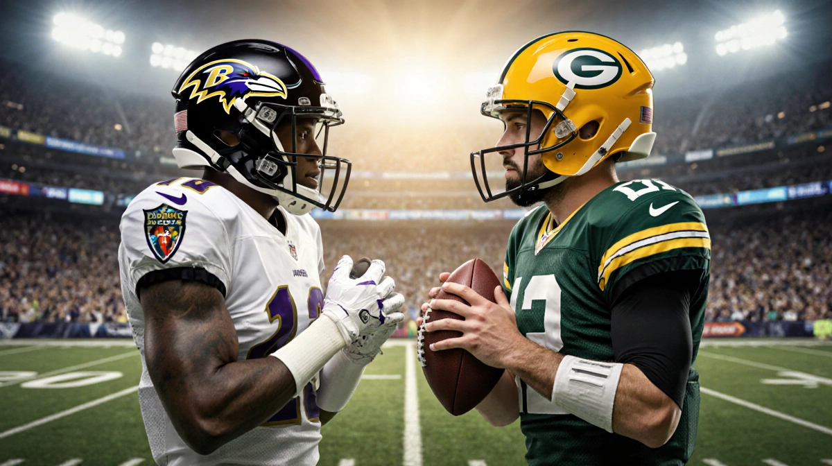 Two football players face off with Ravens and Packers logos while stadium lights glow and crowds cheer behind them