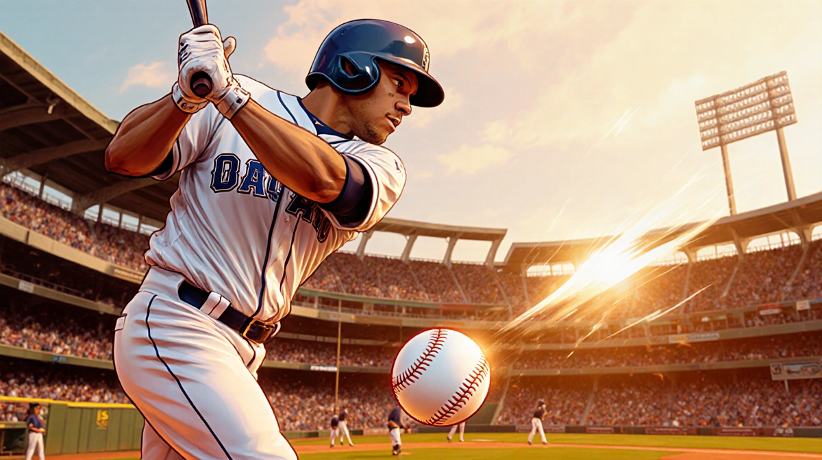 J.T. Realmuto swinging bat with baseball flying toward outfield and stadium lights highlighting the action
