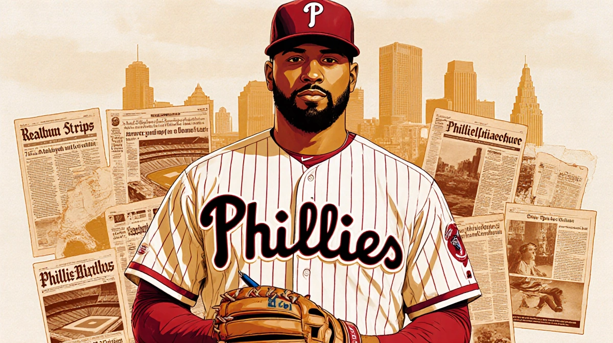 J.T. Realmuto signs Phillies contract extension with baseball glove and pen near Philadelphia skyline