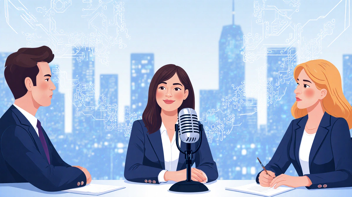 Rebecca Bellan interviewing business professionals about enterprise AI risks with microphone and cityscape background