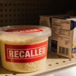 Grated cheese container sits on grocery shelf with red recalled sticker wrapped around packaging and yogurt box showing simil
