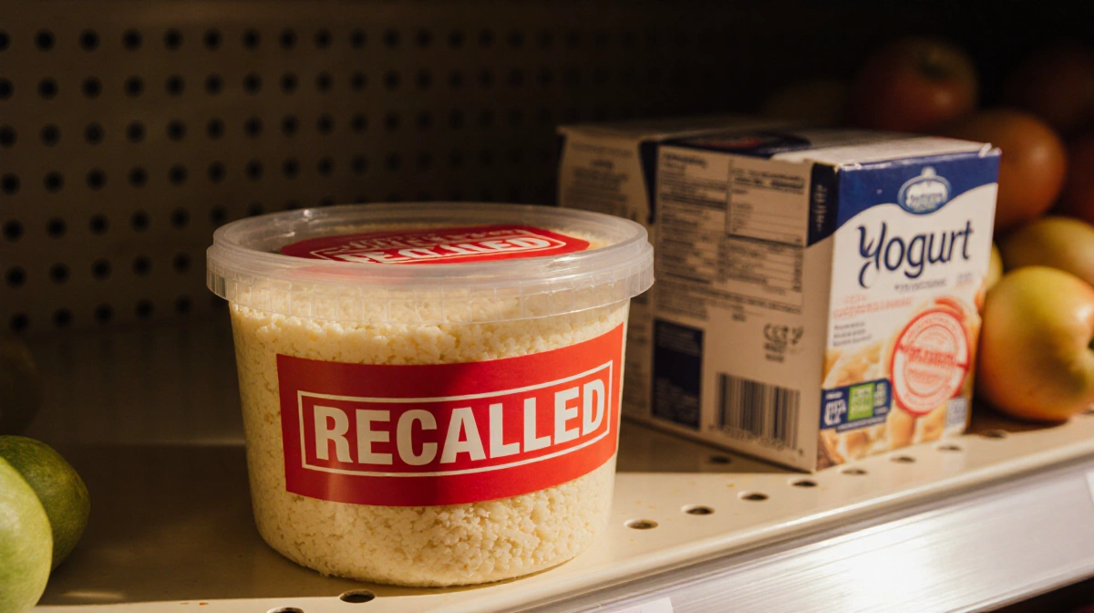 Grated cheese container sits on grocery shelf with red recalled sticker wrapped around packaging and yogurt box showing simil