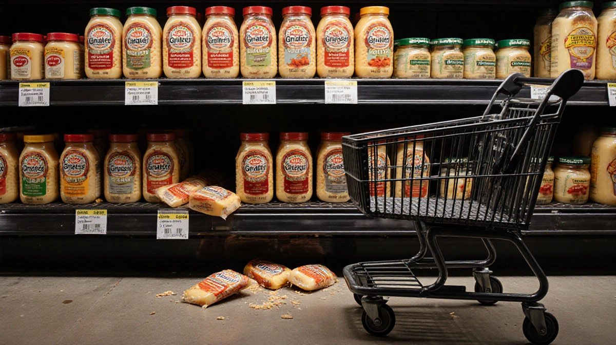 Recalled cheese products sit scattered on grocery shelf with empty shopping cart beside them and recall notice visible