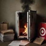Minifridge burning inside with recall logo and Target bags showing product safety warning