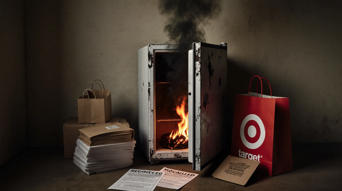 Minifridge burning inside with recall logo and Target bags showing product safety warning