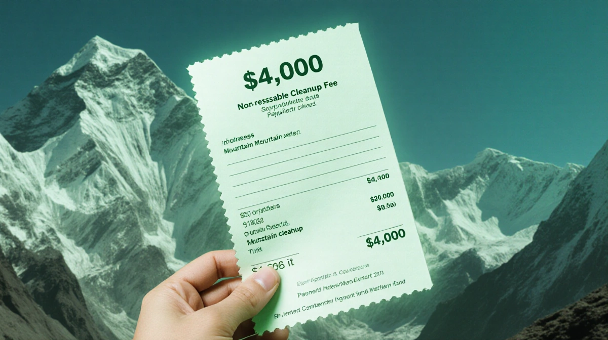 Person holding receipt with $4,000 cleanup fee with faded Mount Everest photo behind and green tint.