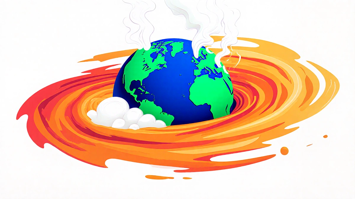 Earth wrapped in swirling orange heat vortex with red waves showing global warming impact