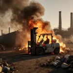 Recycling plant burns with forklift near flames and smoke filling sky