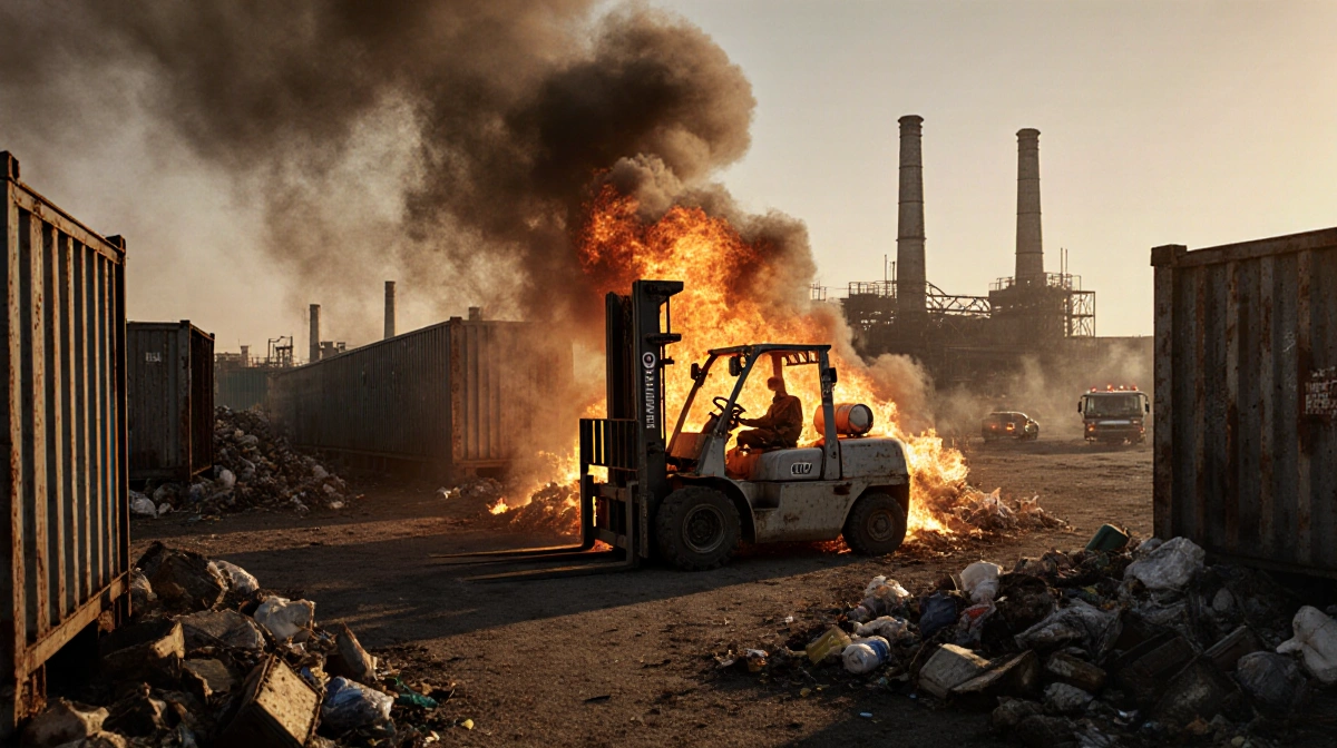Recycling plant burns with forklift near flames and smoke filling sky