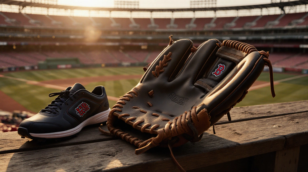 Worn Red Sox glove rests on wooden bench overlooking Fenway Park with baseball cleats below and golden sunset light