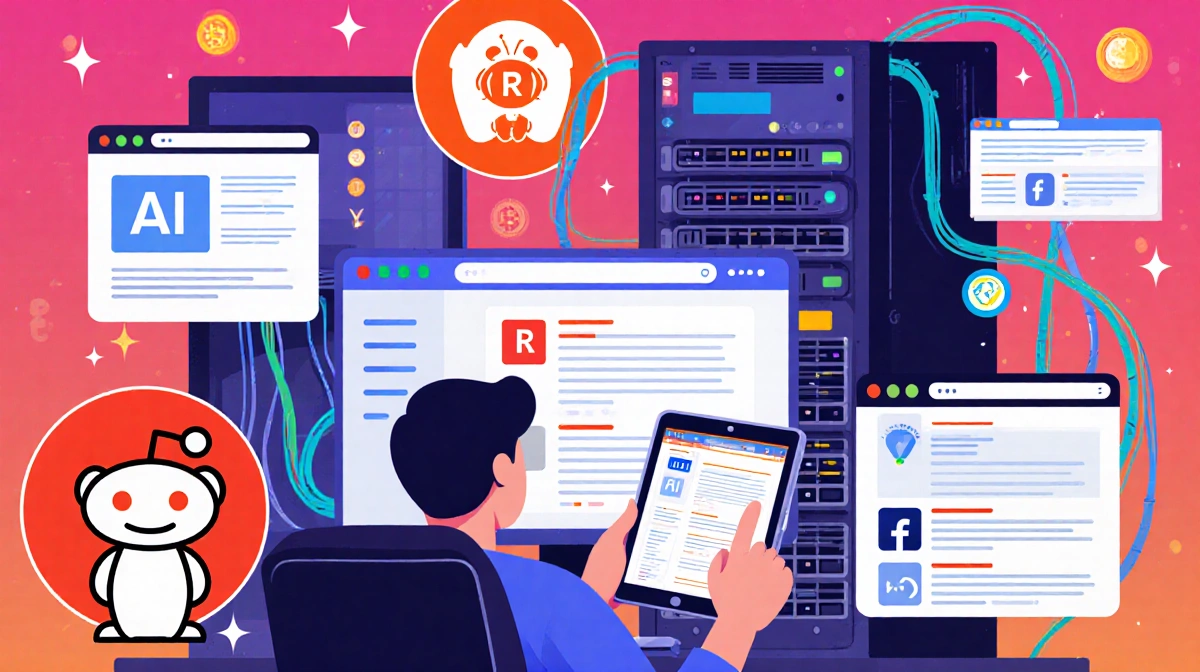 Person sits at computer with Reddit tabs and mining rig showing AI community engagement