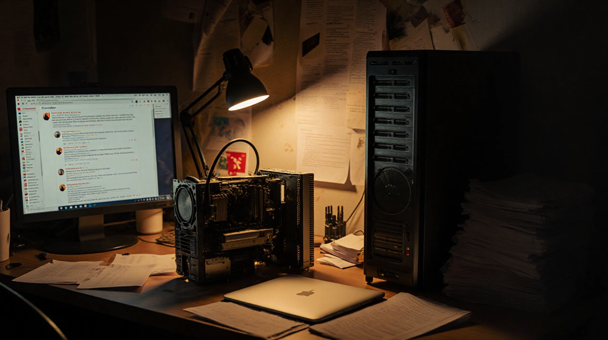 A flickering monitor glows over a cluttered workspace with mining rig and AI server showing startup growth