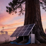 Redwood tree silhouetted against sunset sky with roots revealing a solar panel
