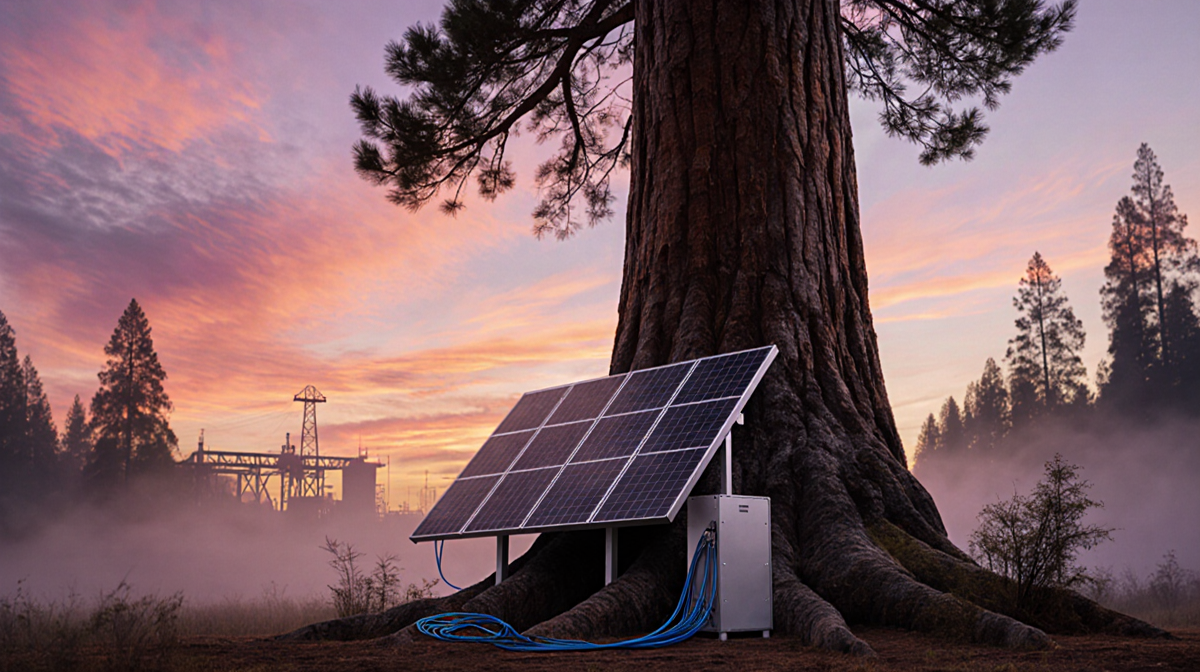Redwood tree silhouetted against sunset sky with roots revealing a solar panel