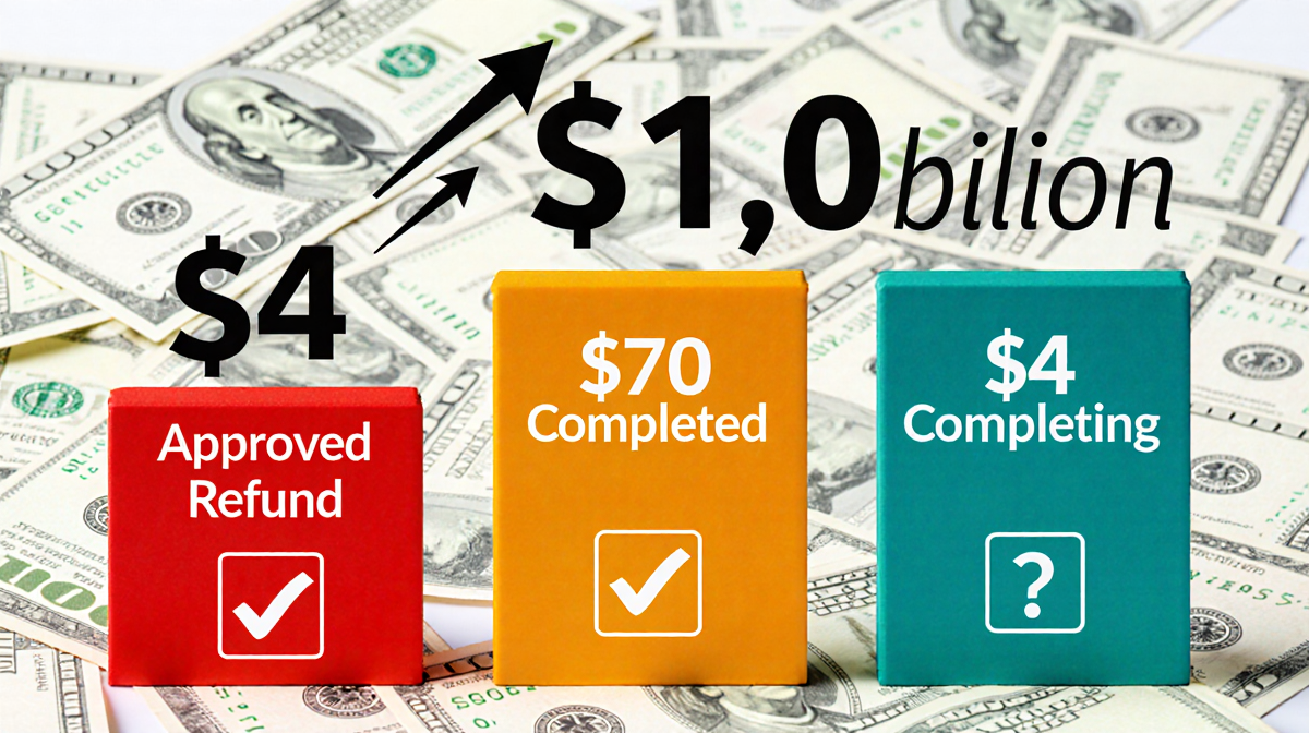 Columns show refund $1 billion approved and $570 million completed and $34 million pending against a dollar bill background.